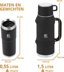 MacGyver RVS Thermoskan 1.5 Ltr – RVS Thermosbeker 0,55 Ltr - Langdurig Warm/koud - Zwart -Buiten Kamperen 1079x1200 2
