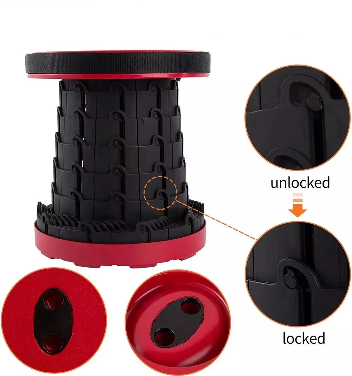 Kampeerkruk - Uitschuifbare Kruk - Rood/Zwart- Tot 120 Kg - Travel Stool - Opvouwbare Campingkruk - Inklapbaar Krukje - Telescopische Kruk - Camping - Outdoor 4 Kampeerkruk - Uitschuifbare Kruk - Rood/Zwart- Tot 120 Kg - Travel Stool - Opvouwbare Campingkruk - Inklapbaar Krukje - Telescopische Kruk - Camping - Outdoor - Afbeelding 2