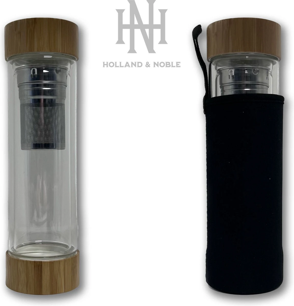 Holland & Noble - Thermo Theefles Met Zeef - 400 Ml Borosilicate Glas Dubbelwandig - Thee-infuser Met Bamboe Schroefdop Aan Beide Zijdes En Roestvrijstalen Zeef - Inclusief Neopreen Hoes 7 Holland & Noble - Thermo Theefles Met Zeef - 400 Ml Borosilicate Glas Dubbelwandig - Thee-infuser Met Bamboe Schroefdop Aan Beide Zijdes En Roestvrijstalen Zeef - Inclusief Neopreen Hoes - Afbeelding 5