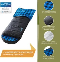 Skandika Dundee Flannel-L Slaapzak – Mummmieslaapzakken – Slaapzakken Volwassen - Maat M – Unisex - Katoen, Luxe Kwaliteit, Dubbele Slaapzak, 3 Seizoenen, Tot -20°C - 220 X 80 Cm - Outdoor Kampeerslaapzak – Ritssluiting Links - Zwart/blauw -Buiten Kamperen 1168x1200