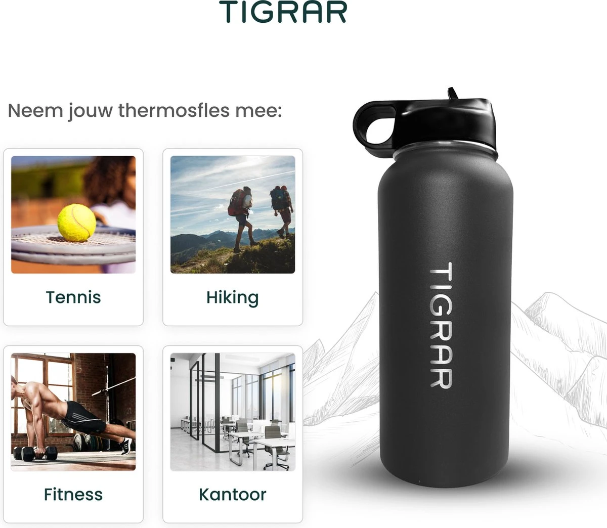 Tigrar - Drinkfles - Waterfles - Thermosfles 1 Liter - RVS - (Grafiet) Zwart - Incl. Extra Dop 3 Rietjes En Reiniger 11 Tigrar - Drinkfles - Waterfles - Thermosfles 1 Liter - RVS - (Grafiet) Zwart - Incl. Extra Dop 3 Rietjes En Reiniger - Afbeelding 9