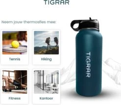 Tigrar - Waterfles - Drinkfles - Thermosfles 1 Liter Dubbelwandig - RVS - (Staal) Blauw - Incl. Extra Dop 3 Rietjes En Reiniger -Buiten Kamperen 1200x1044 5