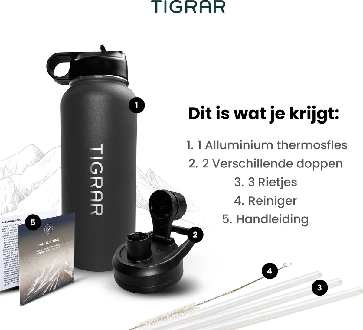 Tigrar - Drinkfles - Waterfles - Thermosfles 1 Liter - RVS - (Grafiet) Zwart - Incl. Extra Dop 3 Rietjes En Reiniger 9 Tigrar - Drinkfles - Waterfles - Thermosfles 1 Liter - RVS - (Grafiet) Zwart - Incl. Extra Dop 3 Rietjes En Reiniger - Afbeelding 7