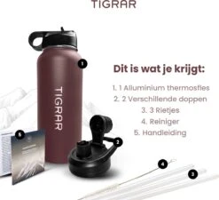 Tigrar - Waterfles Met Rietje - Drinkfles 1 Liter - Thermosfles - RVS - Rood - Incl. Extra Dop, 3 Rietjes En Reiniger -Buiten Kamperen 1200x1093 7