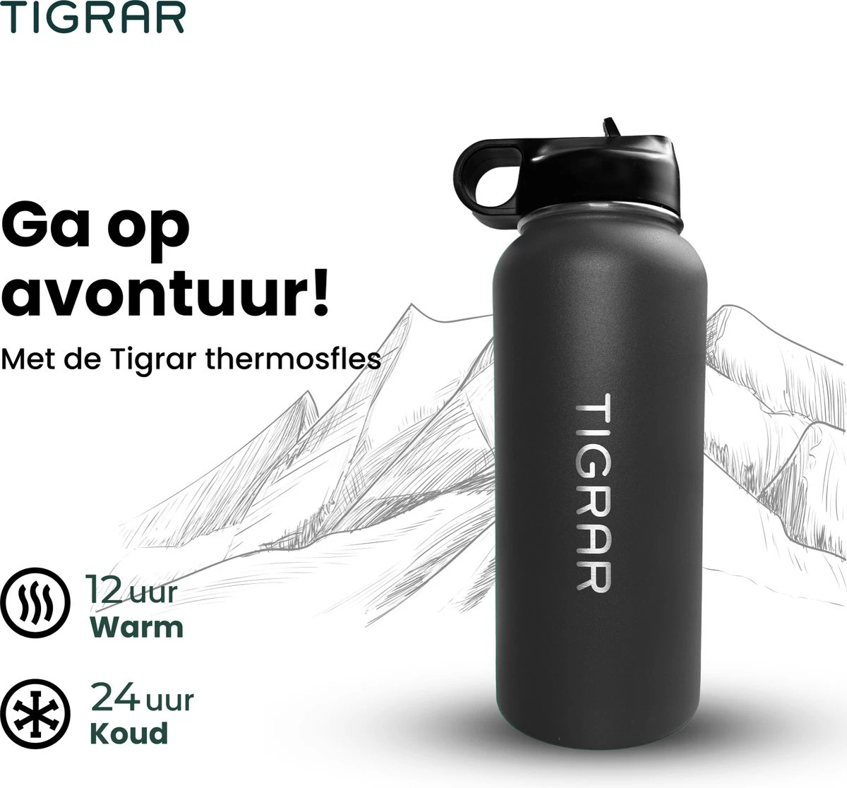 Tigrar - Drinkfles - Waterfles - Thermosfles 1 Liter - RVS - (Grafiet) Zwart - Incl. Extra Dop 3 Rietjes En Reiniger 8 Tigrar - Drinkfles - Waterfles - Thermosfles 1 Liter - RVS - (Grafiet) Zwart - Incl. Extra Dop 3 Rietjes En Reiniger - Afbeelding 6