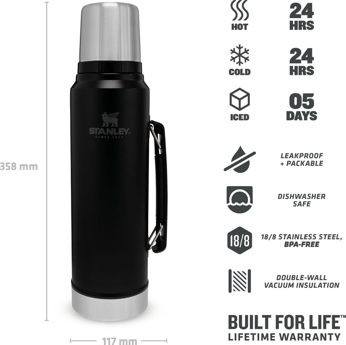 Stanley The Legendary Classic Bottle 1,00L - Thermosfles - Matte Black 5 Stanley The Legendary Classic Bottle 1,00L - Thermosfles - Matte Black - Afbeelding 3