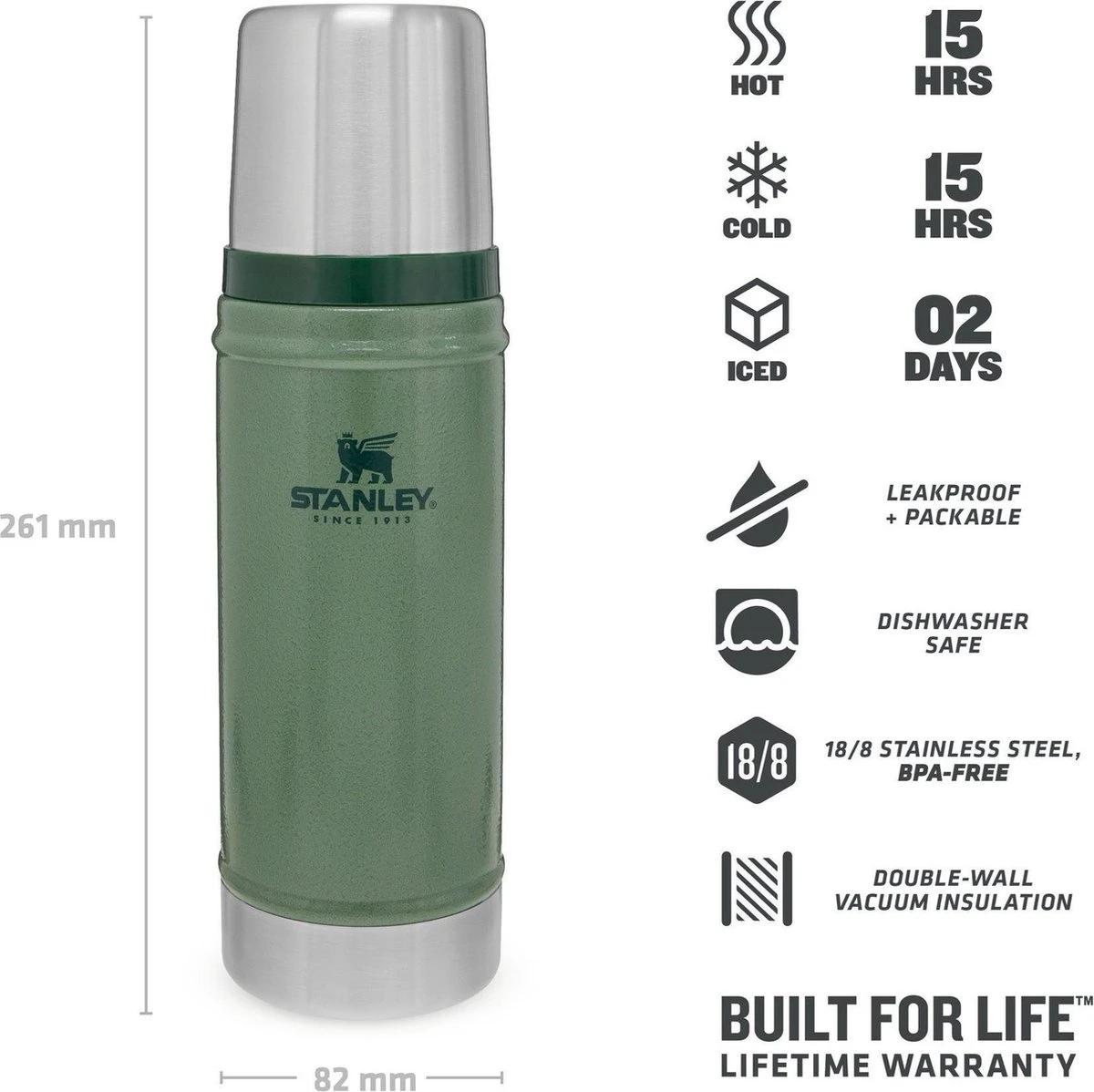 Stanley The Legendary Classic Bottle 0,75L - Thermosfles - Hammertone Green 11 Stanley The Legendary Classic Bottle 0,75L - Thermosfles - Hammertone Green - Afbeelding 9
