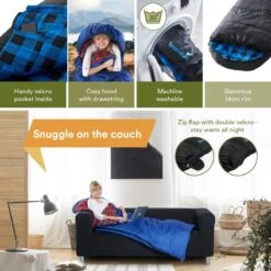 Skandika Dundee Flannel-L Slaapzak – Mummmieslaapzakken – Slaapzakken Volwassen - Maat M – Unisex - Katoen, Luxe Kwaliteit, Dubbele Slaapzak, 3 Seizoenen, Tot -20°C - 220 X 80 Cm - Outdoor Kampeerslaapzak – Ritssluiting Links - Zwart/blauw -Buiten Kamperen 1200x1200 528