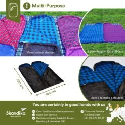 Skandika Dundee Flannel-L Slaapzak – Mummmieslaapzakken – Slaapzakken Volwassen - Maat M – Unisex - Katoen, Luxe Kwaliteit, Dubbele Slaapzak, 3 Seizoenen, Tot -20°C - 220 X 80 Cm - Outdoor Kampeerslaapzak – Ritssluiting Links - Zwart/blauw -Buiten Kamperen 1200x1200 530