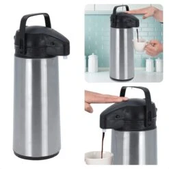 Cheqo® Thermos Pomp - 1.8L Roestvrij Staal - Isoleerkan Met Pomp - Thermoskan Met Pomp - Zwarte Dop & Handvat - Houdt 6 Uur Warm - 1800ml - Afmeting 17x14x36cm