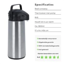 Cheqo® Thermos Pomp - 1.8L Roestvrij Staal - Isoleerkan Met Pomp - Thermoskan Met Pomp - Zwarte Dop & Handvat - Houdt 6 Uur Warm - 1800ml - Afmeting 17x14x36cm -Buiten Kamperen 1200x1200 911