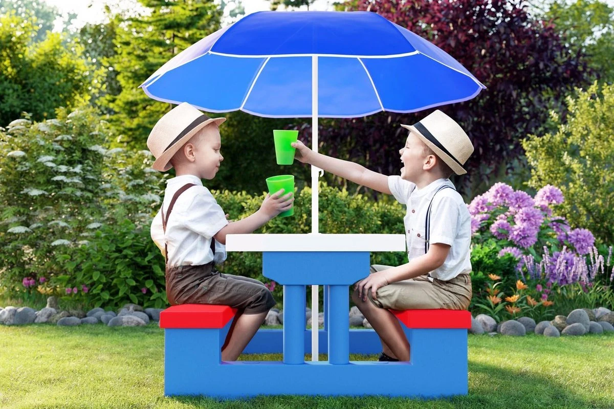 Merkloos Kinder Picknicktafel Met Parasol - Blauw 8 Merkloos Kinder Picknicktafel Met Parasol - Blauw - Afbeelding 6