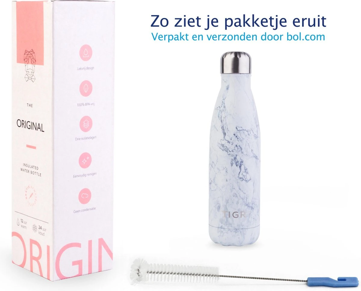 TIGR The Original - Drinkfles - Thermosfles - RVS - 500ml - Marmer - Met Afwasborstel 5 TIGR The Original - Drinkfles - Thermosfles - RVS - 500ml - Marmer - Met Afwasborstel - Afbeelding 3
