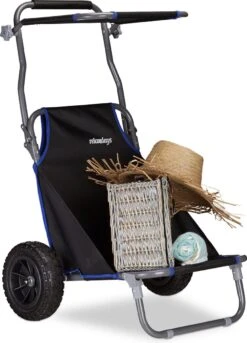 Relaxdays Strandkar Opvouwbaar - Strandstoel Met Zonnedak - Strand Stoel Op Wielen